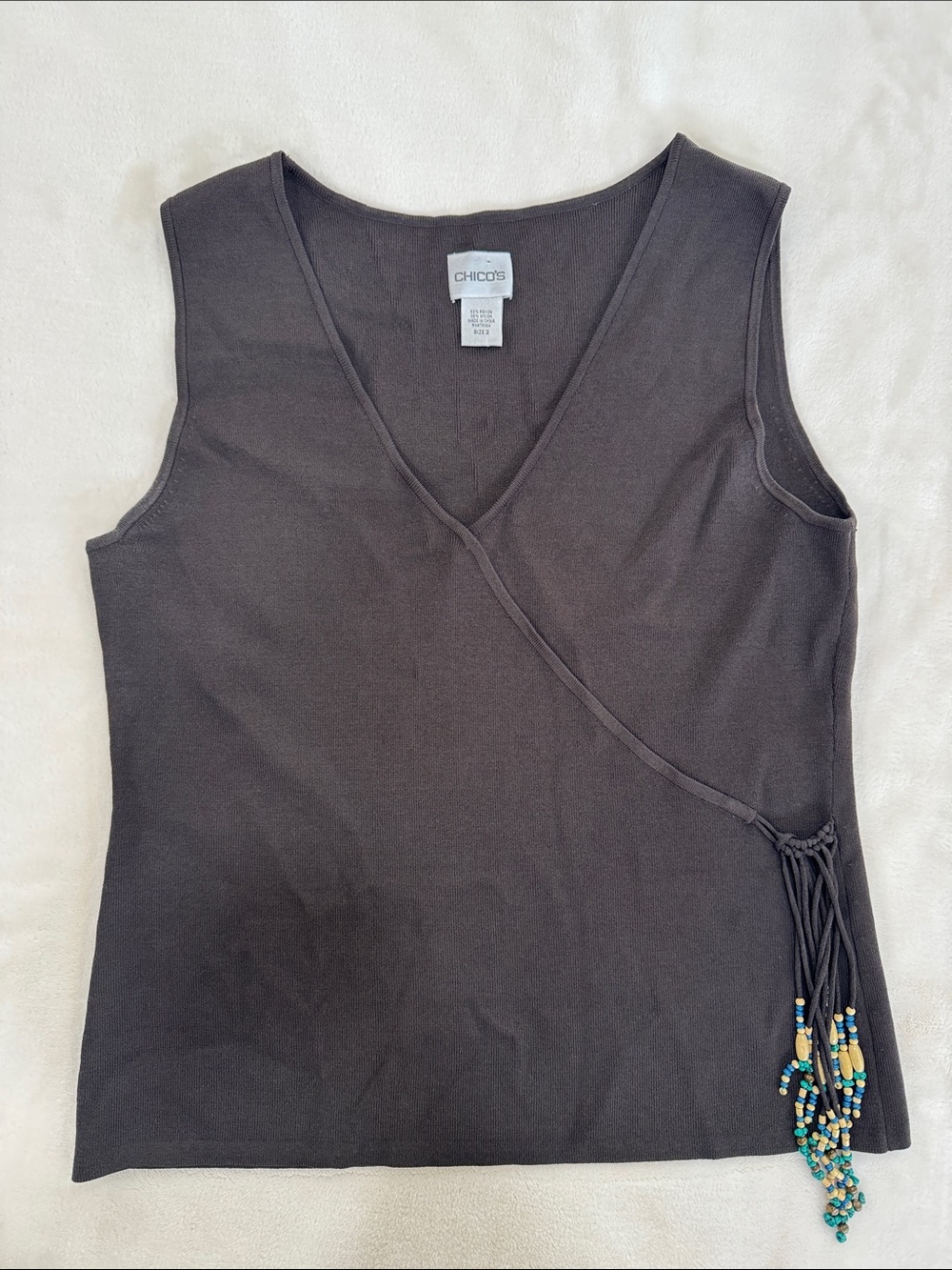 Chico's Black Faux-Wrap Tank with Beaded Tassel Accent